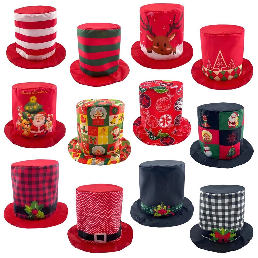 7109 12 Assorted Pattern Funny Christmas Party Top Hats Christmas Novelty